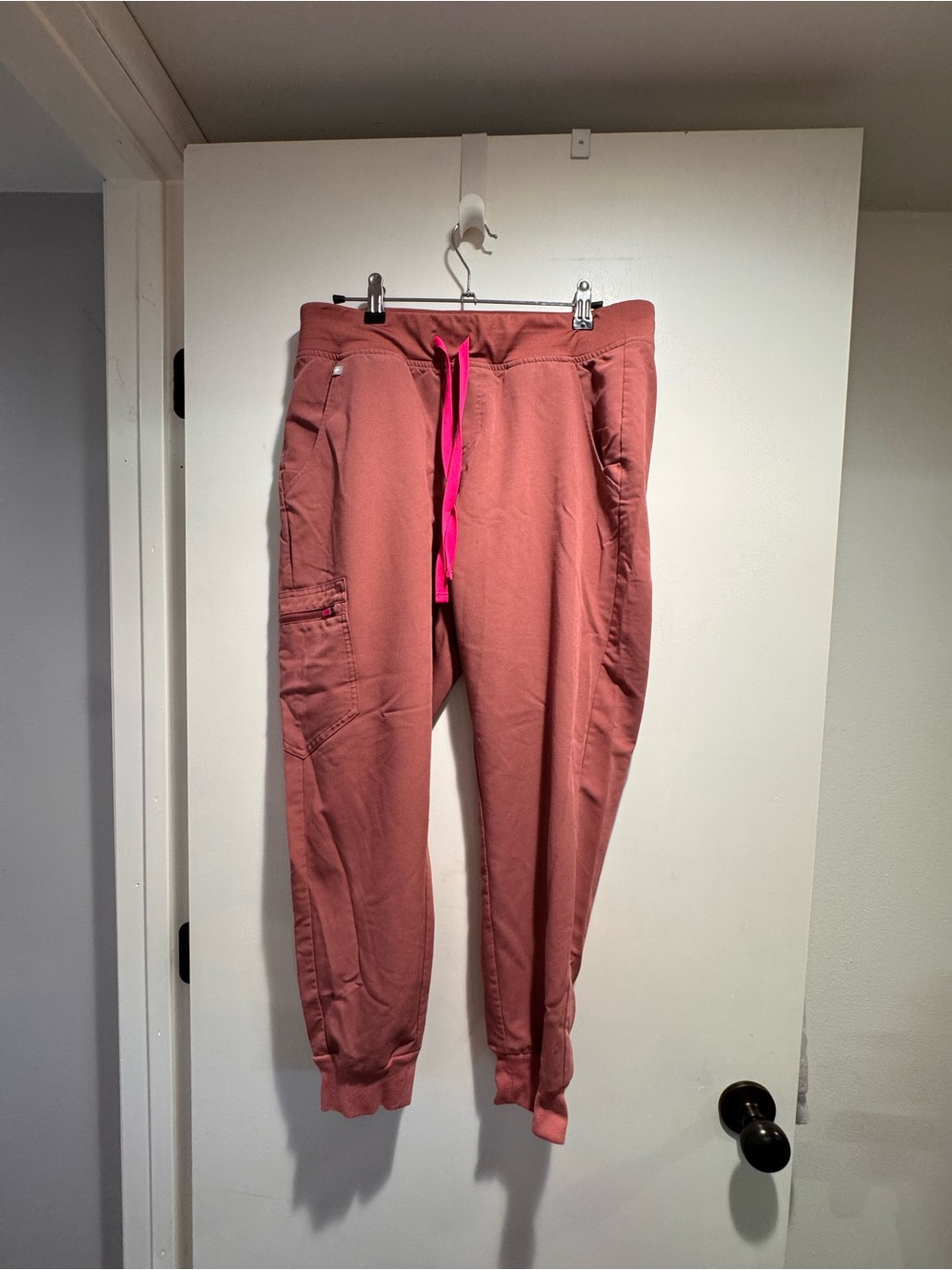 Figs Dusty Rose Cargo Joggers with Hot Pink Drawstring